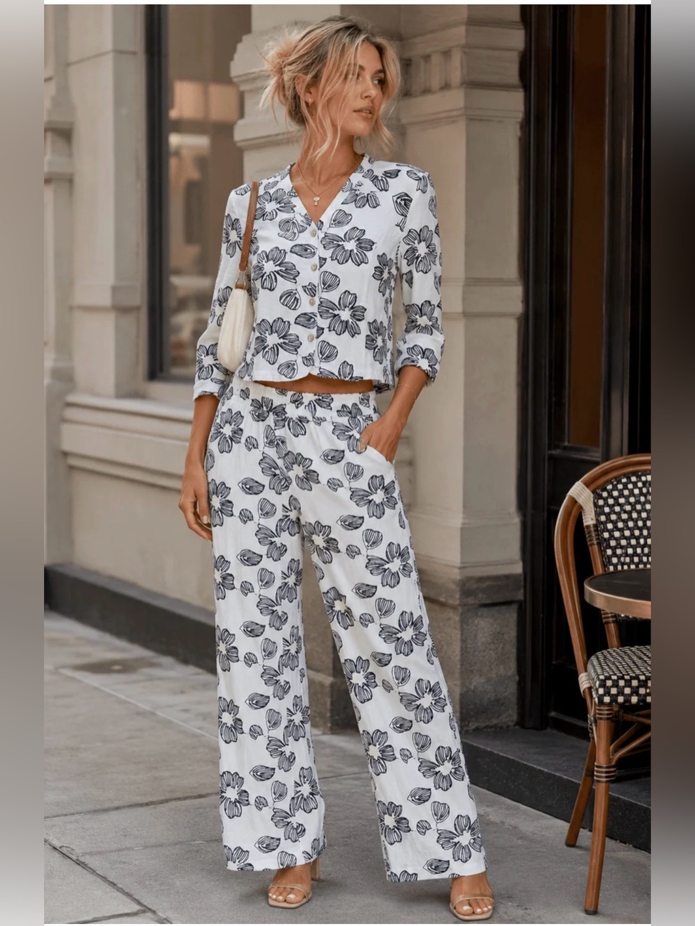 Women's Floral Stitched detail Pants & Button Top Set - black & cream 2pc